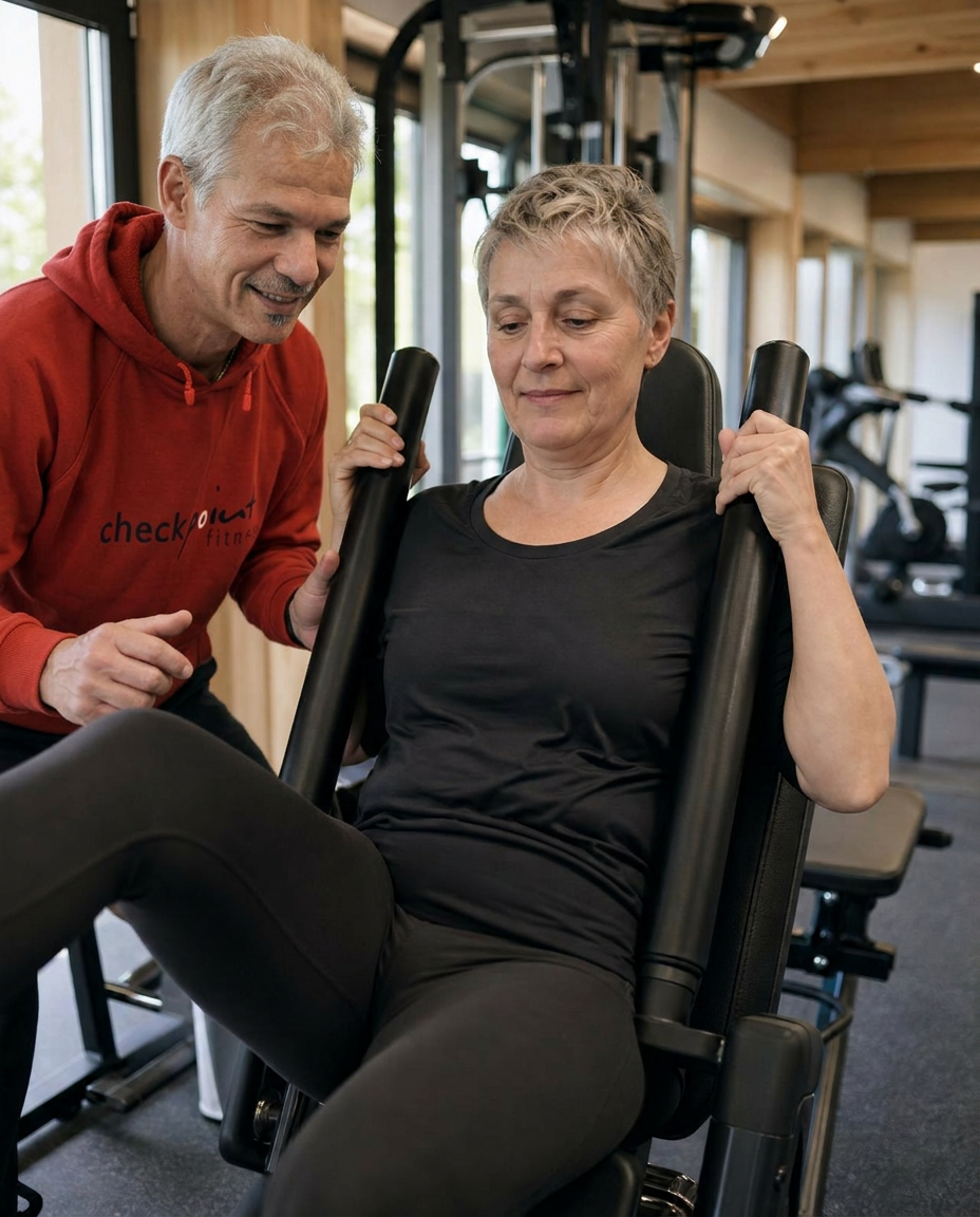 Roger Disch begleitet eine Kundin beim Krafttraining bei Check Point Fitness in Flawil